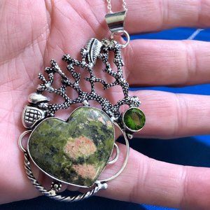 Tree Heart of Unakite Peridot Gemstone 925 Sterling Silver Necklace.